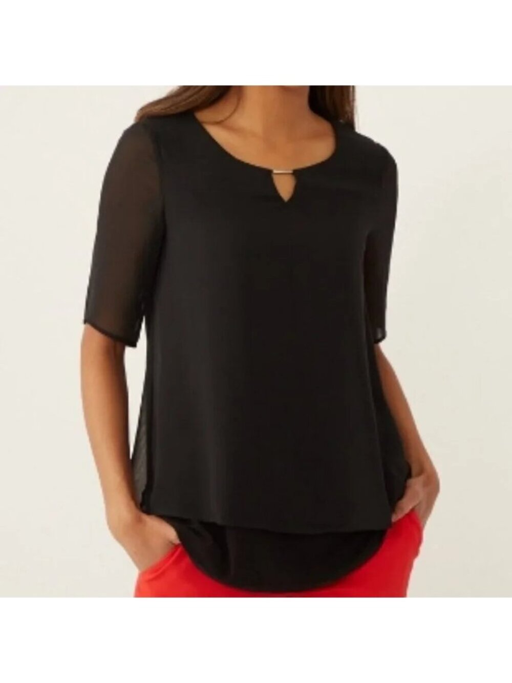 NEW Nina Leonard Black Chiffon Layered Short Sleeve Blouse Top - Medium